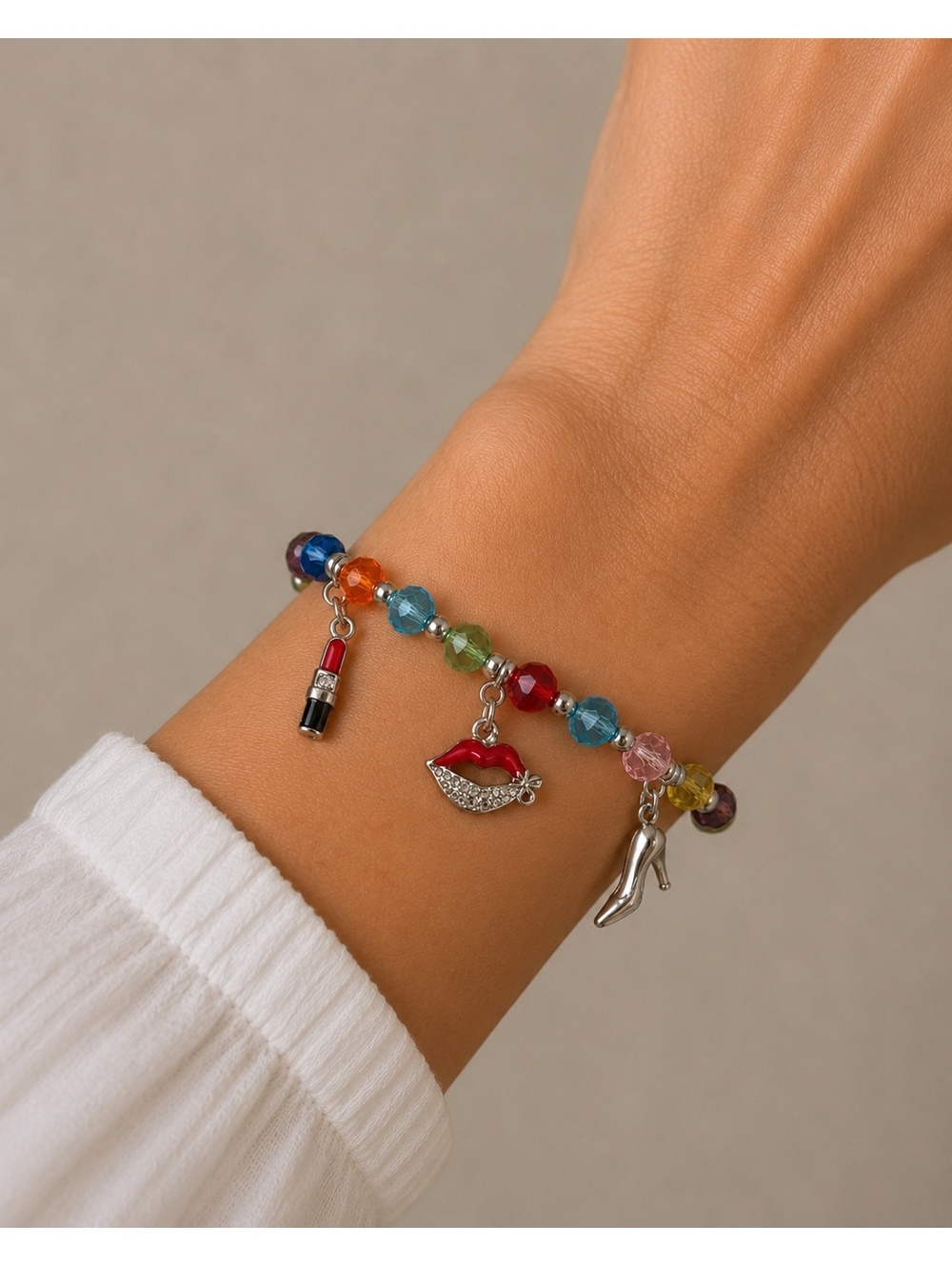 Colorful Beaded Charm Bracelet with Lipstick, Lips, and High Heel Charms